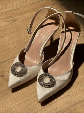 Ivory Satin Pointed Toe Slingback Heels with Crystal Buckle